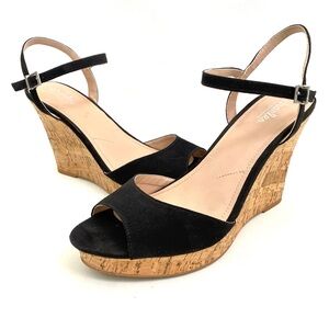 Charles David Cork Platform Wedge Peep Toe Heel Sandals 10 M Black Suede